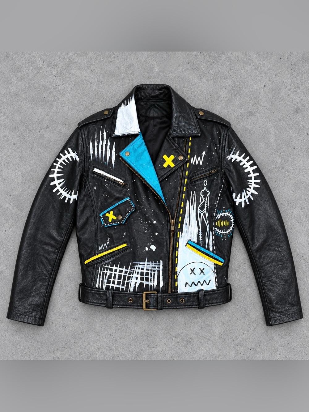 Unisex one of a Kind Hand Painted Black Leather Moto Jacket Genuine Leather